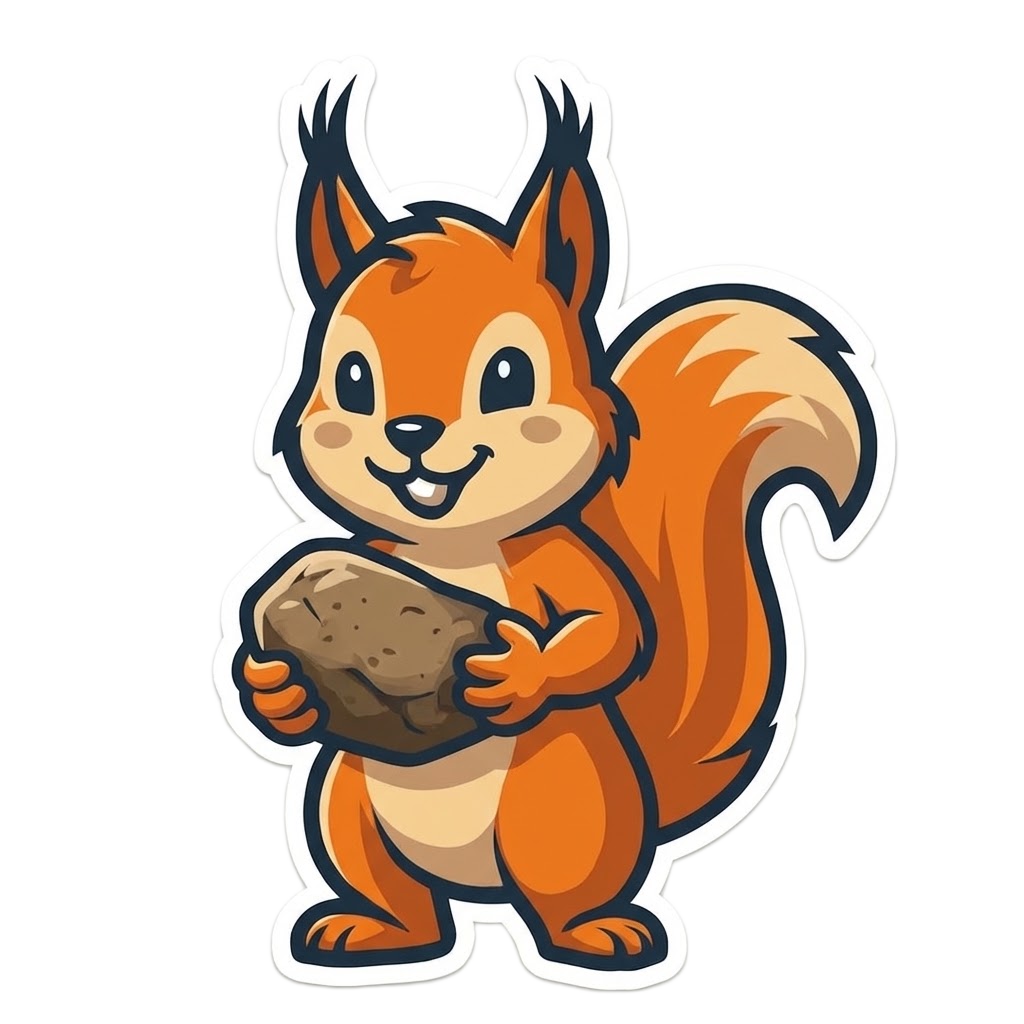 Skuirrel mascot holding a stone — inspired by the Ramayana